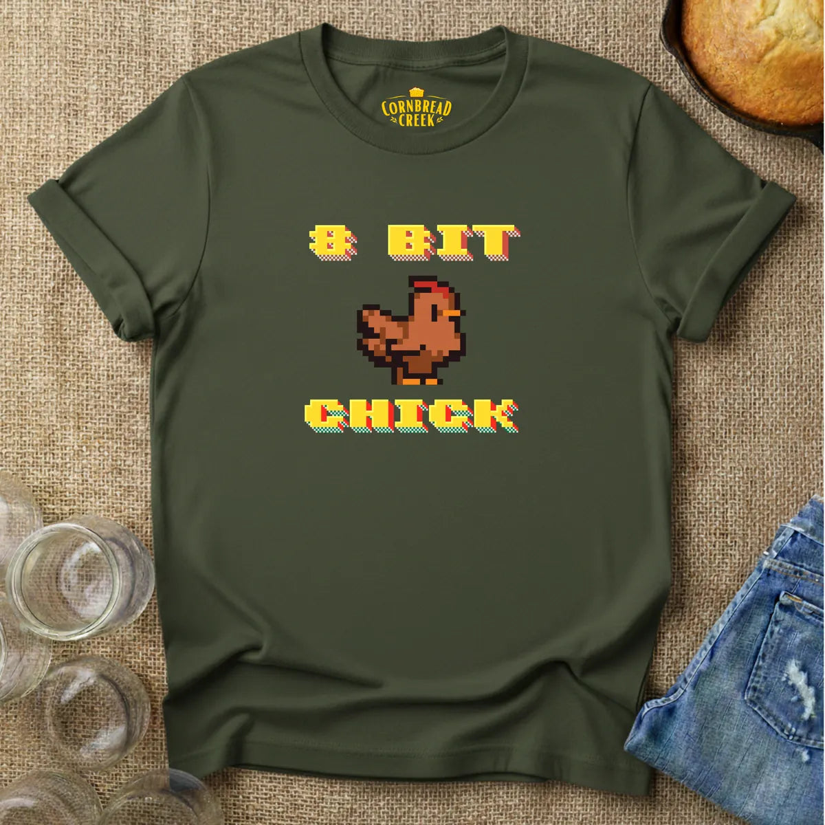 8 Bit Chick T-Shirt Chicken and Rural Homestead Graphic tee Cornbread Creek