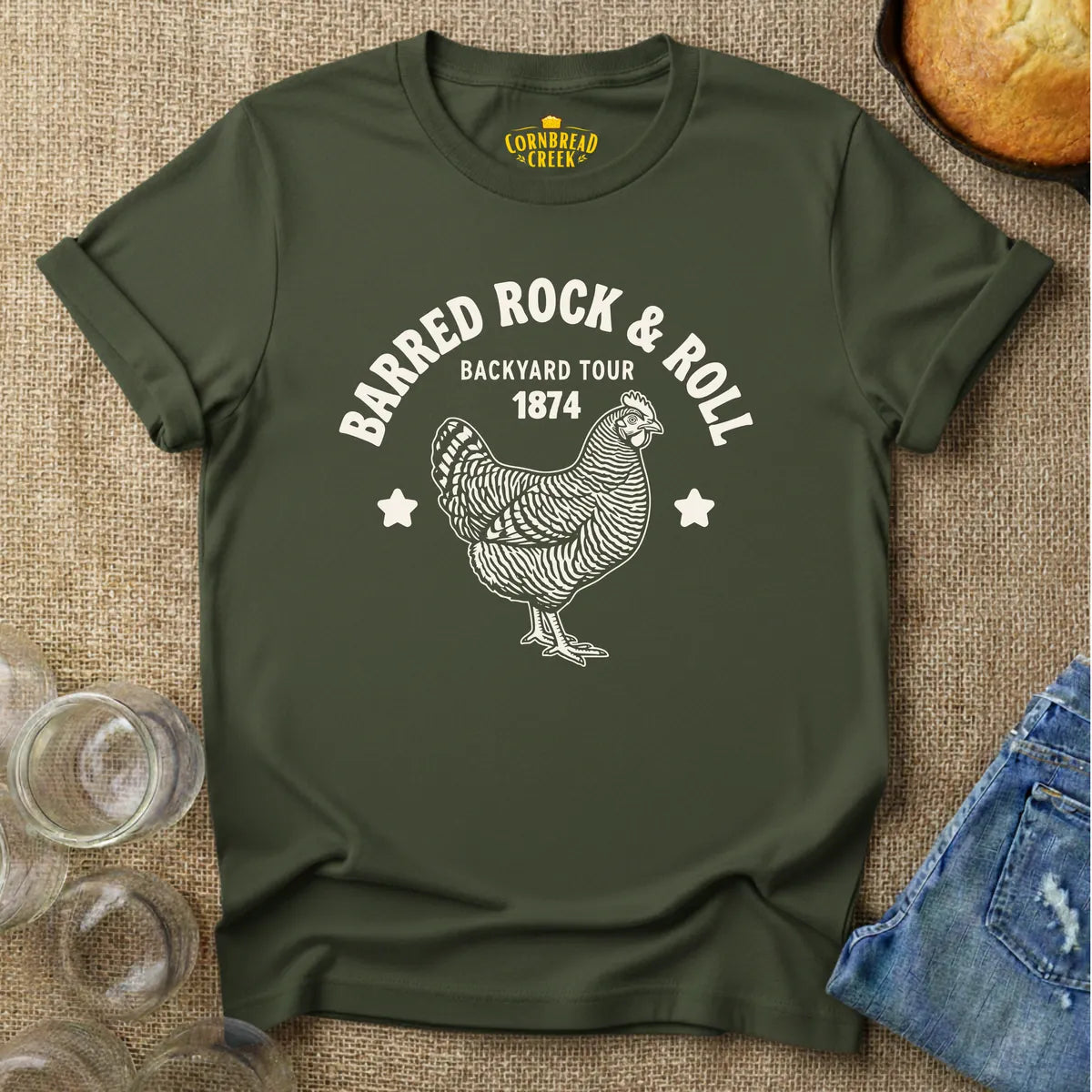Barred Rock & Roll T-Shirt Chicken and Rural Homestead Graphic tee Cornbread Creek