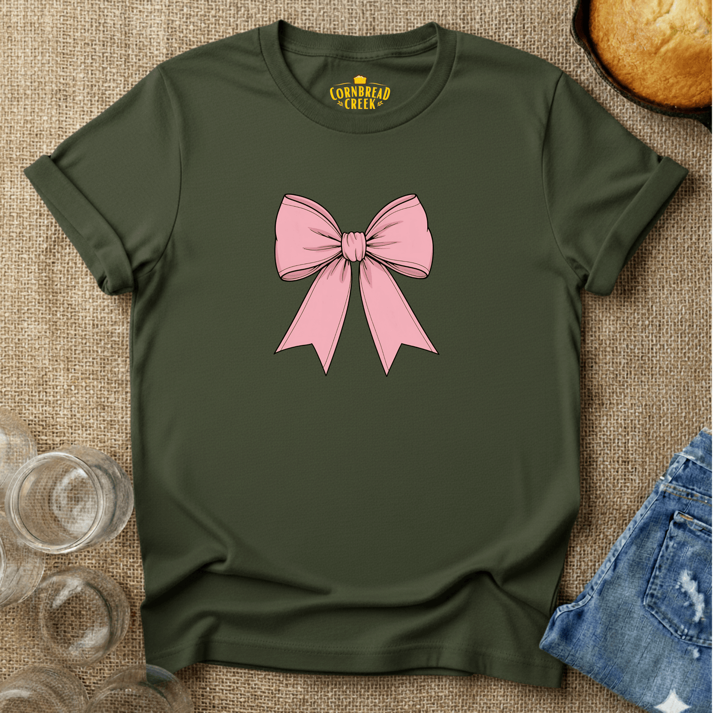 Bow Simple T-Shirt Chicken and Rural Homestead Graphic tee Cornbread Creek