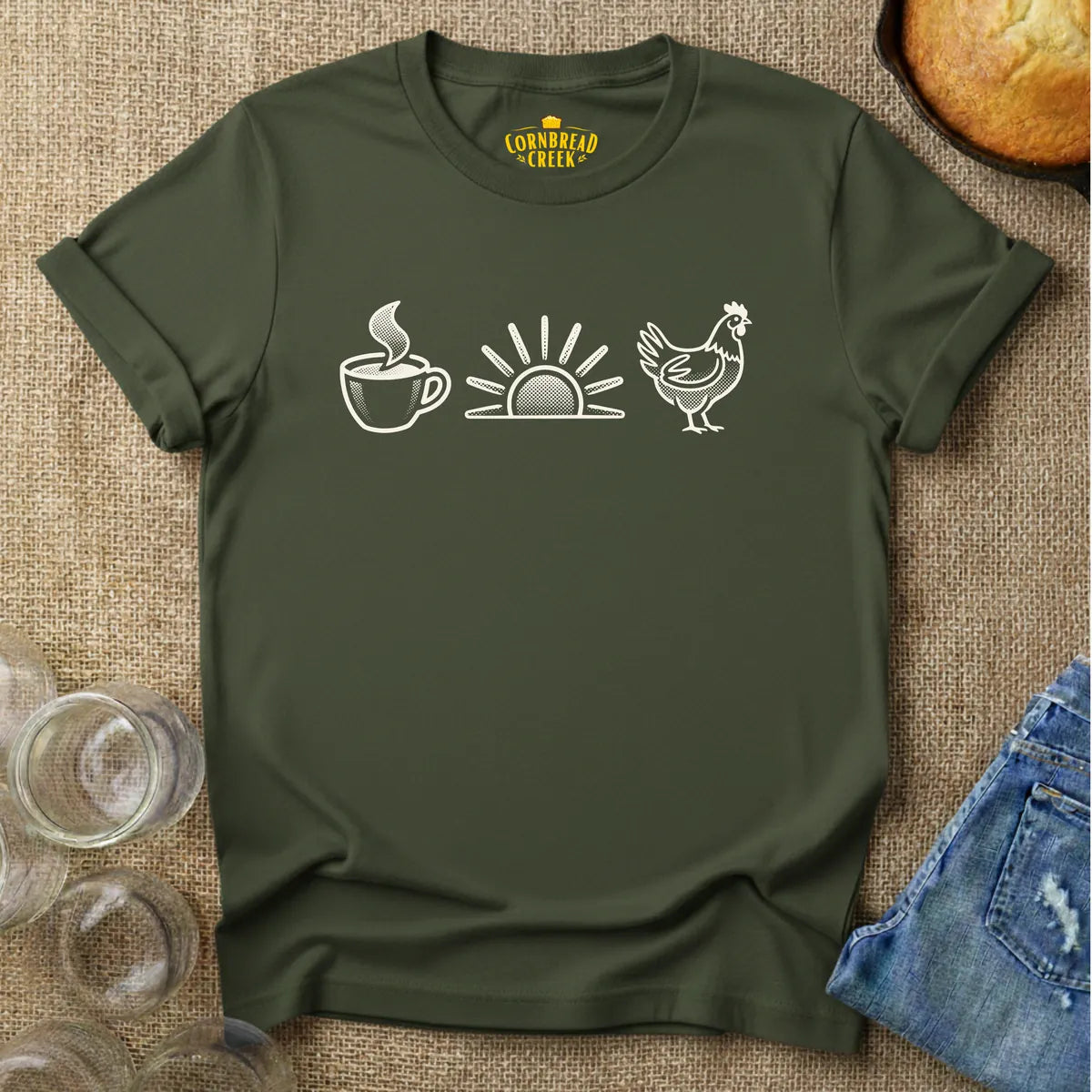 Coffee, Sunrise, Chickens T-Shirt T-Shirt Chicken and Rural Homestead Graphic tee Cornbread Creek