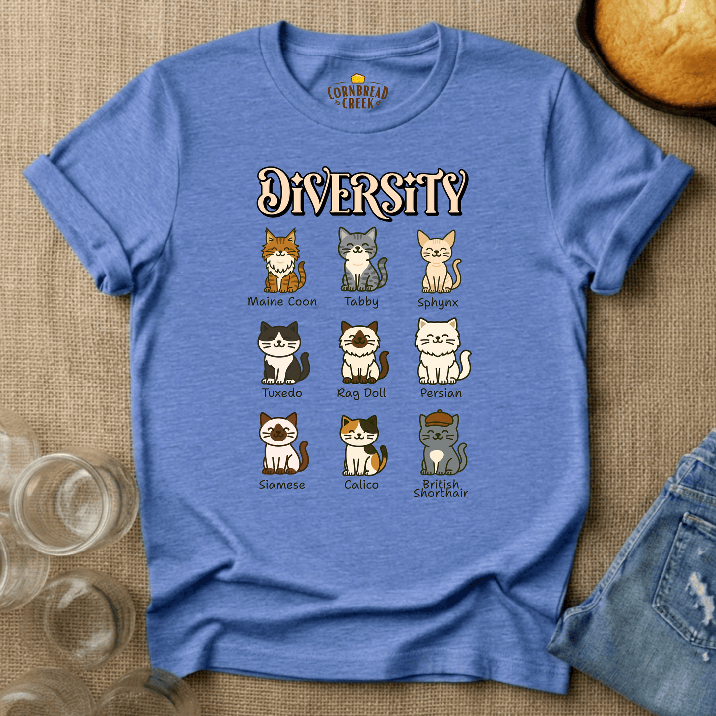 Diversity of Cats T-Shirt Chicken and Rural Homestead Graphic tee Cornbread Creek