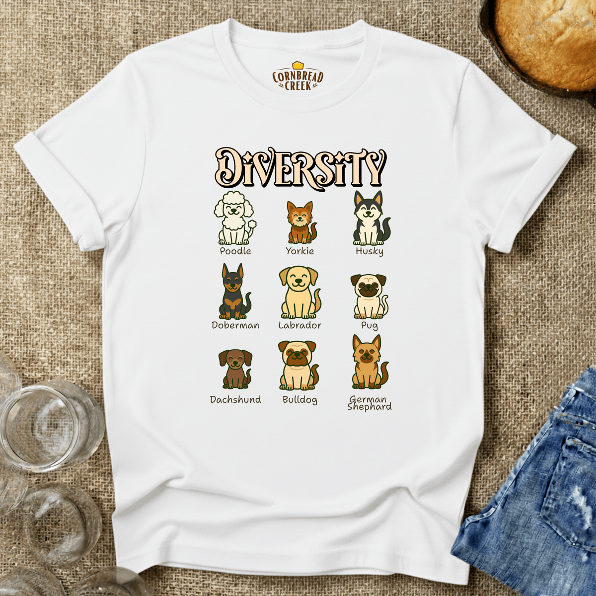 Diversity of Dogs T-Shirt Chicken and Rural Homestead Graphic tee Cornbread Creek