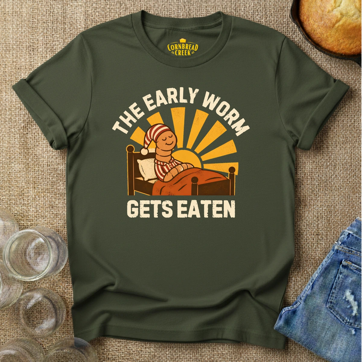 The Early Worm Gets Eaten T-Shirt Chicken and Rural Homestead Graphic tee Cornbread Creek