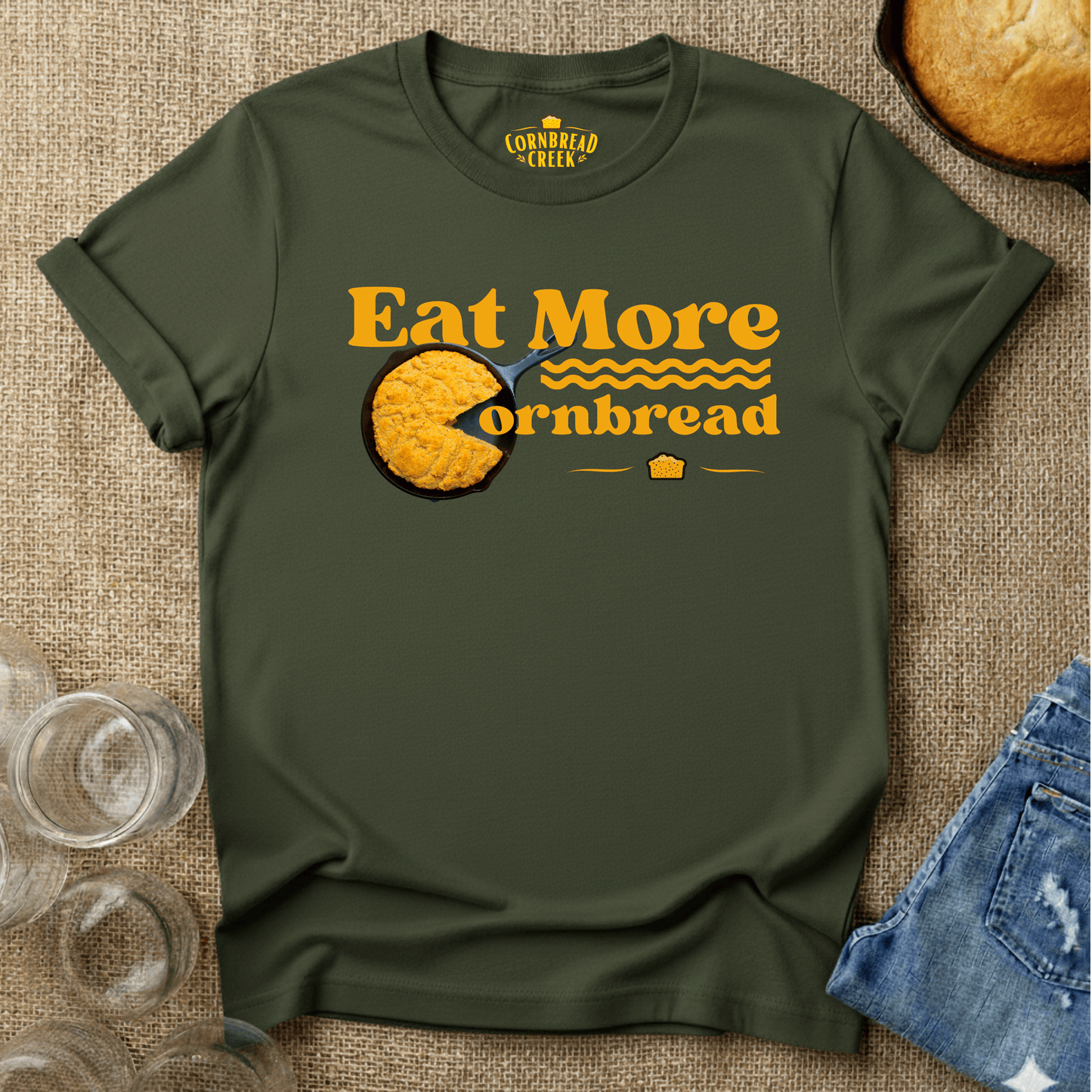 Eat More Cornbread T-Shirt Chicken and Rural Homestead Graphic tee Cornbread Creek