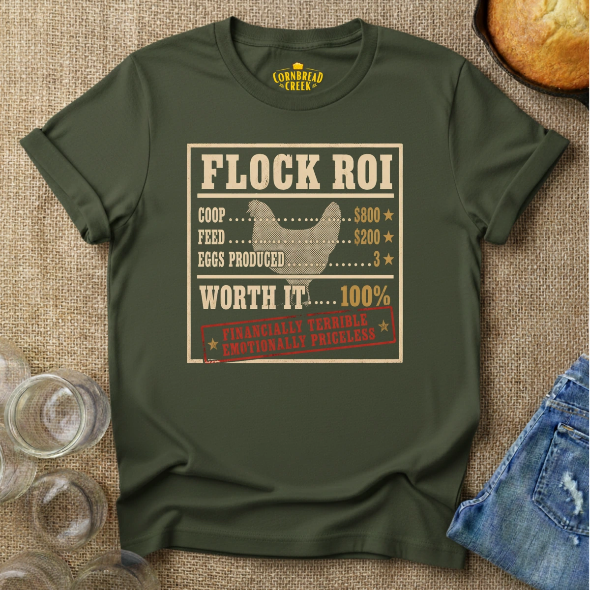 Flock ROI T-Shirt Chicken and Rural Homestead Graphic tee Cornbread Creek