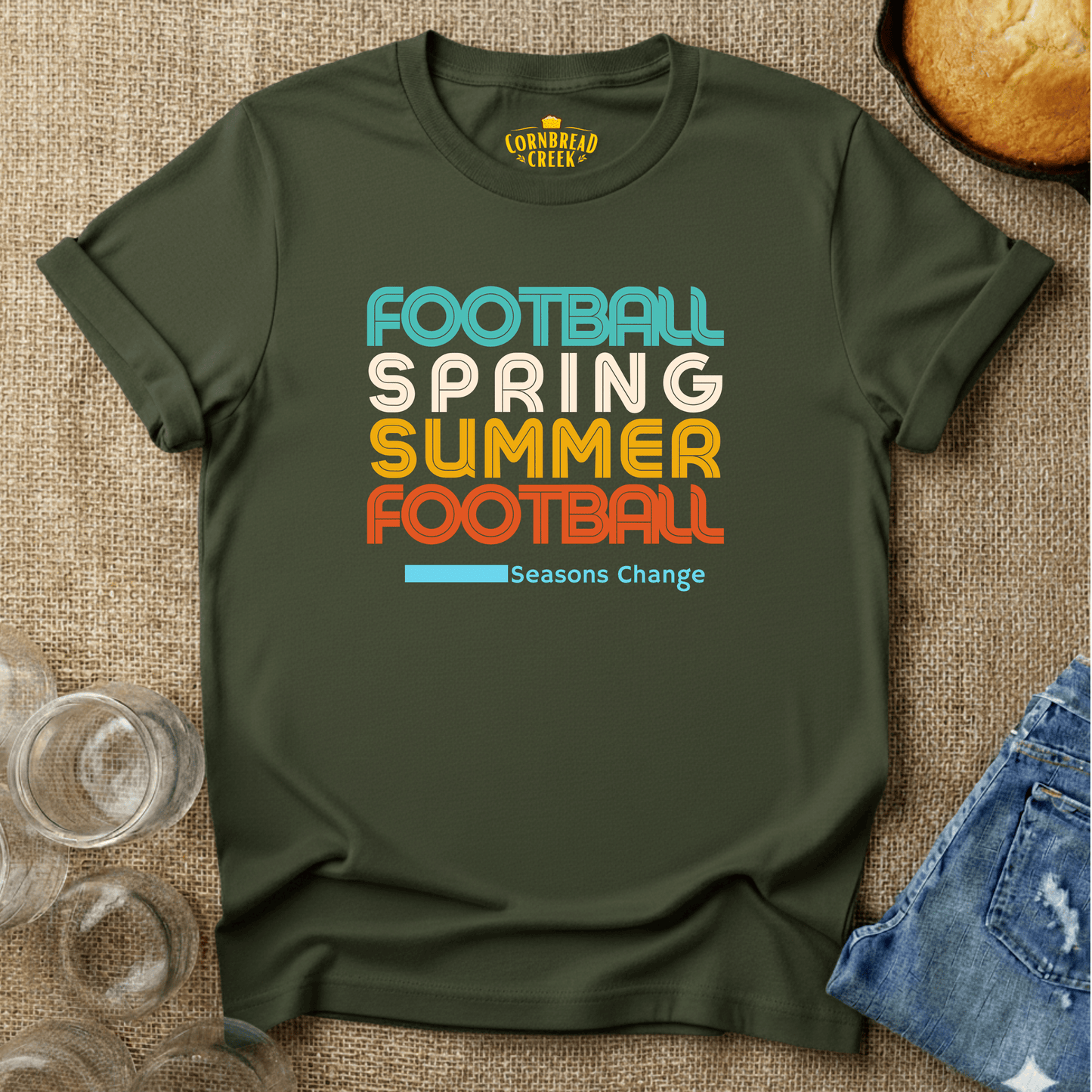 Football, Spring, Summer, Football - Seasons Change T-Shirt Chicken and Rural Homestead Graphic tee Cornbread Creek