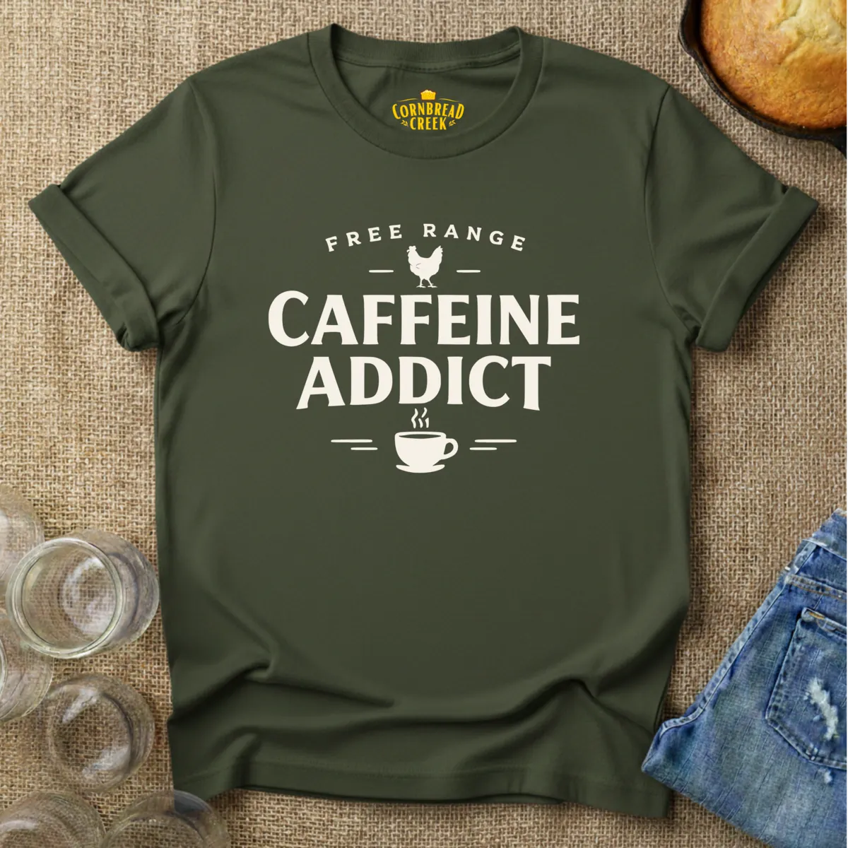 Free Range Caffeine Addict T-Shirt Chicken and Rural Homestead Graphic tee Cornbread Creek