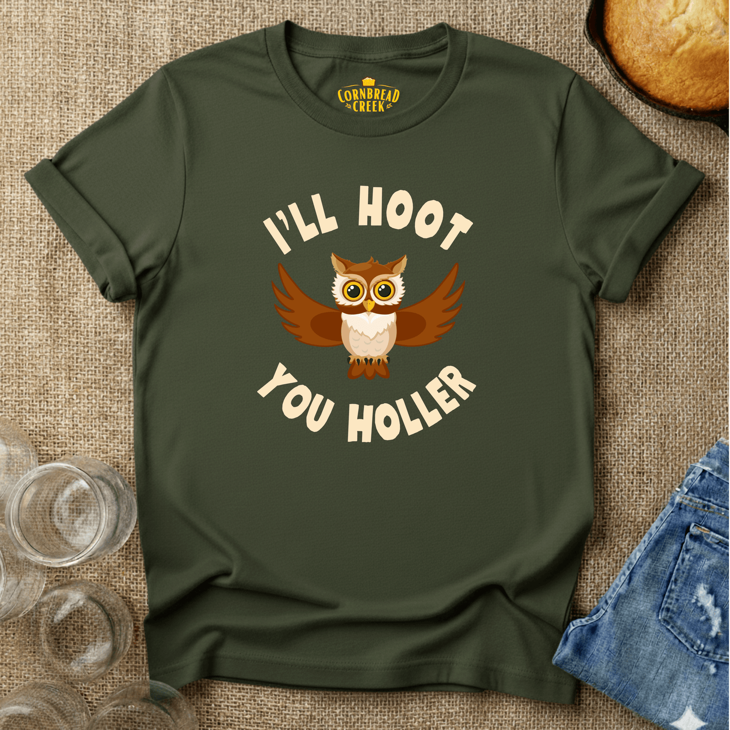 I'll Hoot, You Holler T-Shirt Chicken and Rural Homestead Graphic tee Cornbread Creek