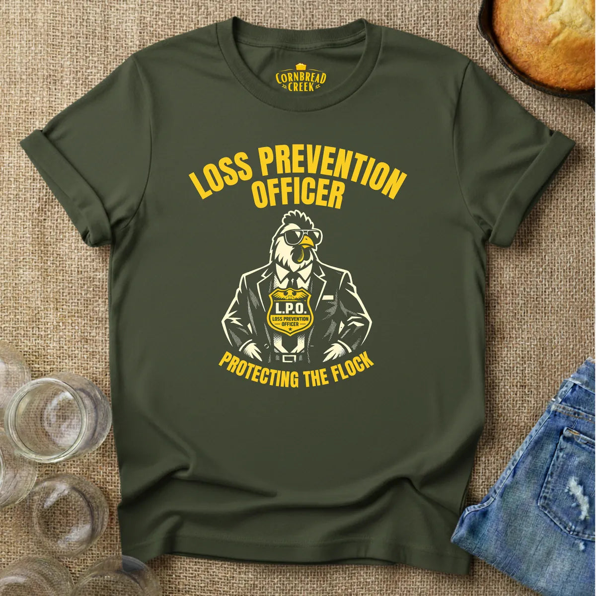 Loss Prevention Officer, Protecting the Flock T-Shirt Chicken and Rural Homestead Graphic tee Cornbread Creek