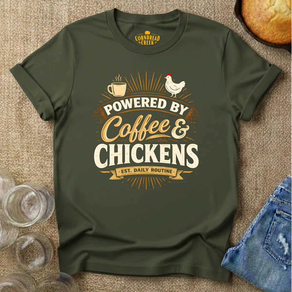 Powered By Coffee and Chickens T-Shirt Chicken and Rural Homestead Graphic tee Cornbread Creek