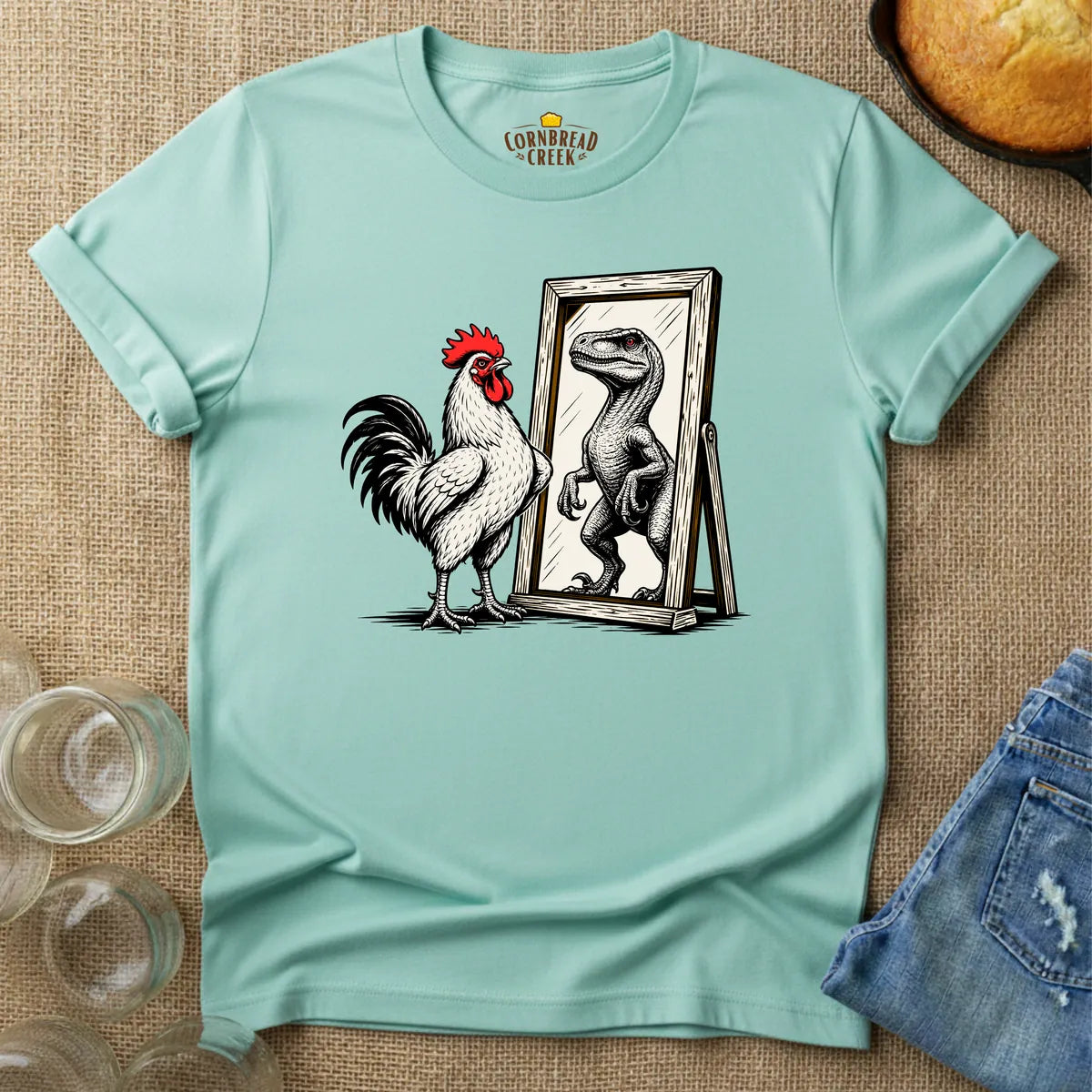 Rooster Reflections (Dinosaur) T-Shirt T-Shirt Chicken and Rural Homestead Graphic tee Cornbread Creek