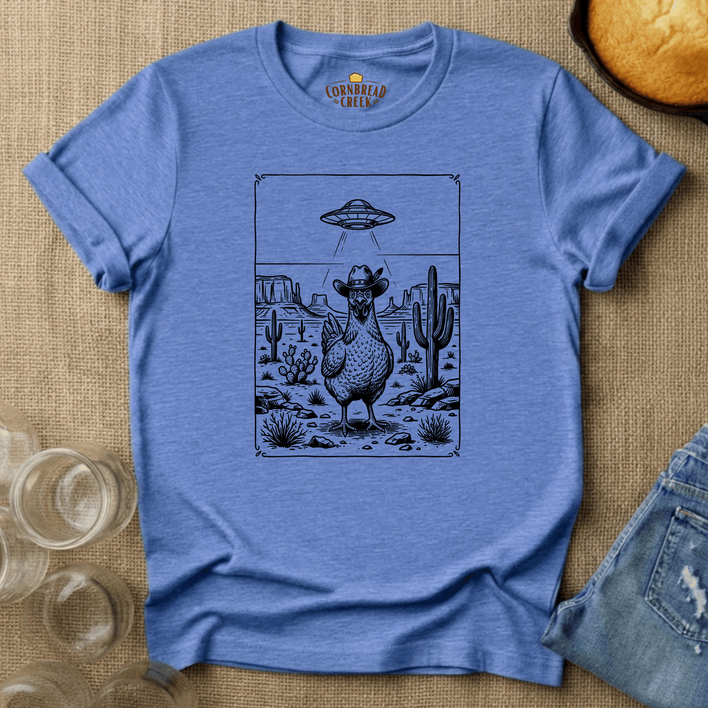 UFO Chicken ๐ธ T-Shirt Chicken and Rural Homestead Graphic tee Cornbread Creek