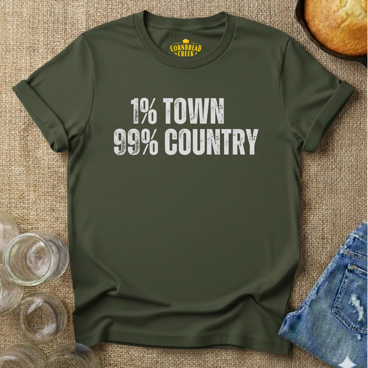 1% Town, 99% Country T-Shirt Chicken and Rural Homestead Graphic tee Cornbread Creek