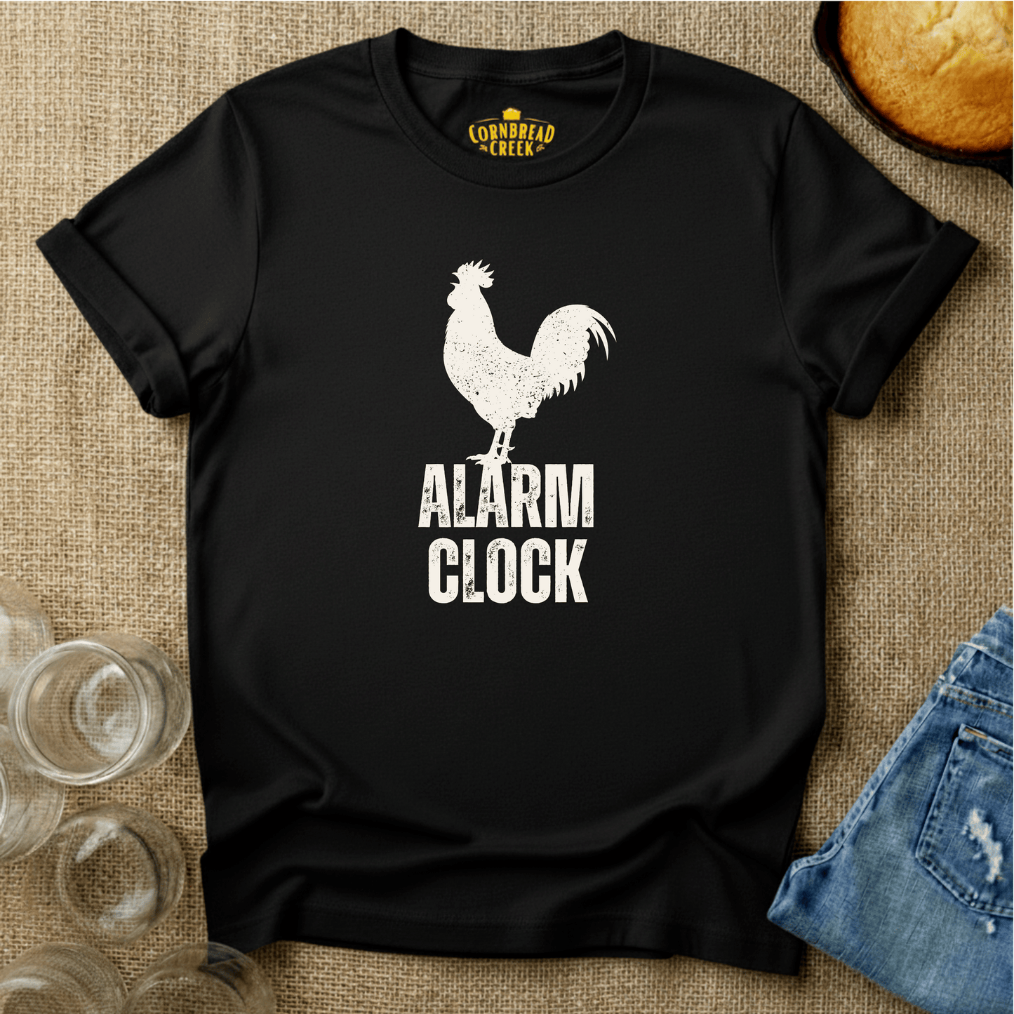 Alarm Clock Rooster T-Shirt Chicken and Rural Homestead Graphic tee Cornbread Creek