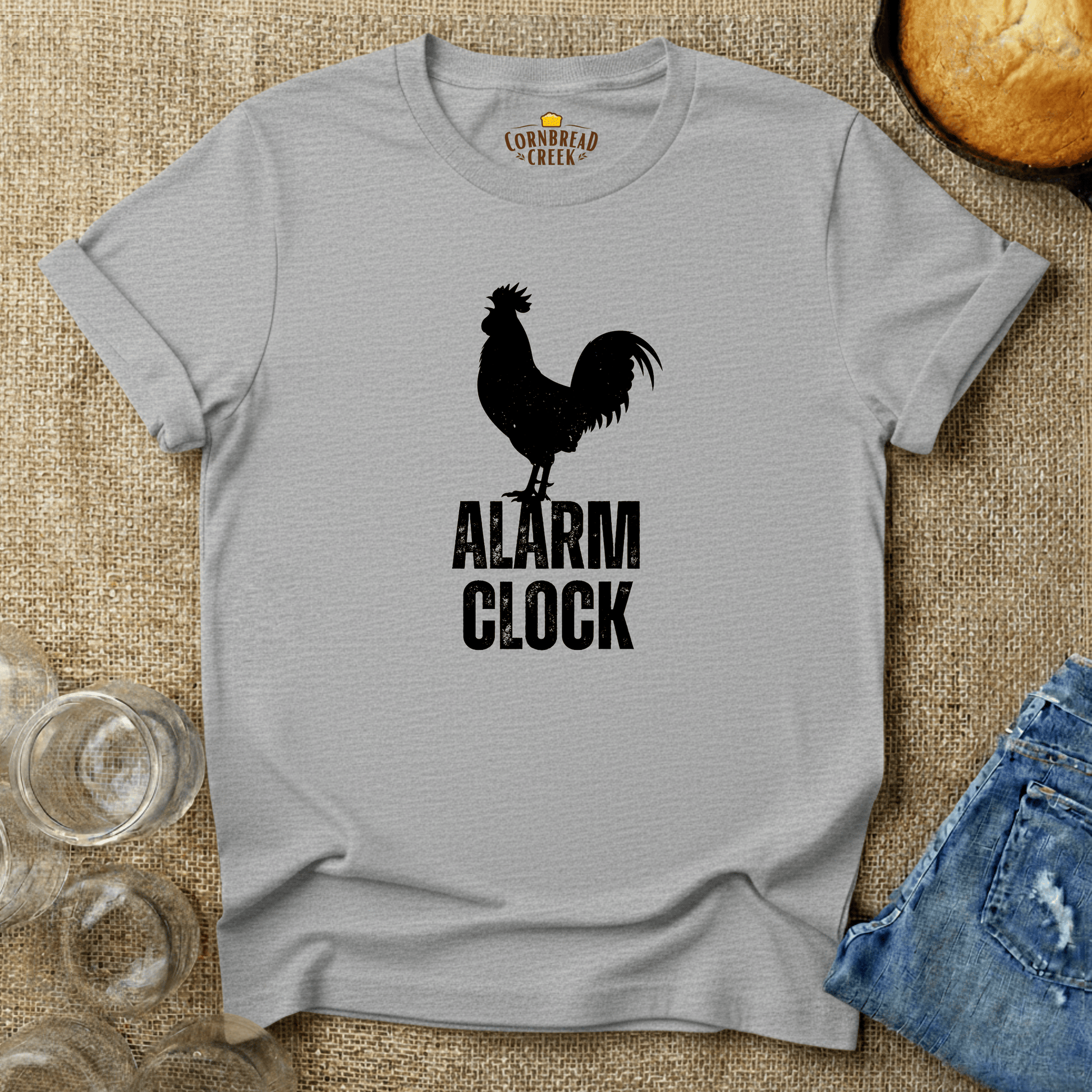 Alarm Clock Rooster T-Shirt Chicken and Rural Homestead Graphic tee Cornbread Creek