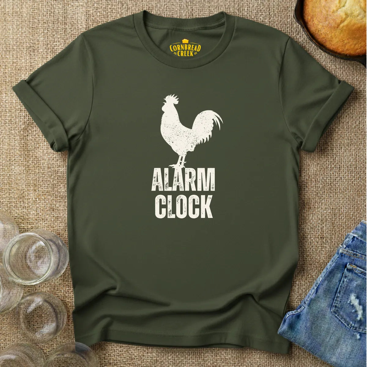 Alarm Clock Rooster T-Shirt Chicken and Rural Homestead Graphic tee Cornbread Creek