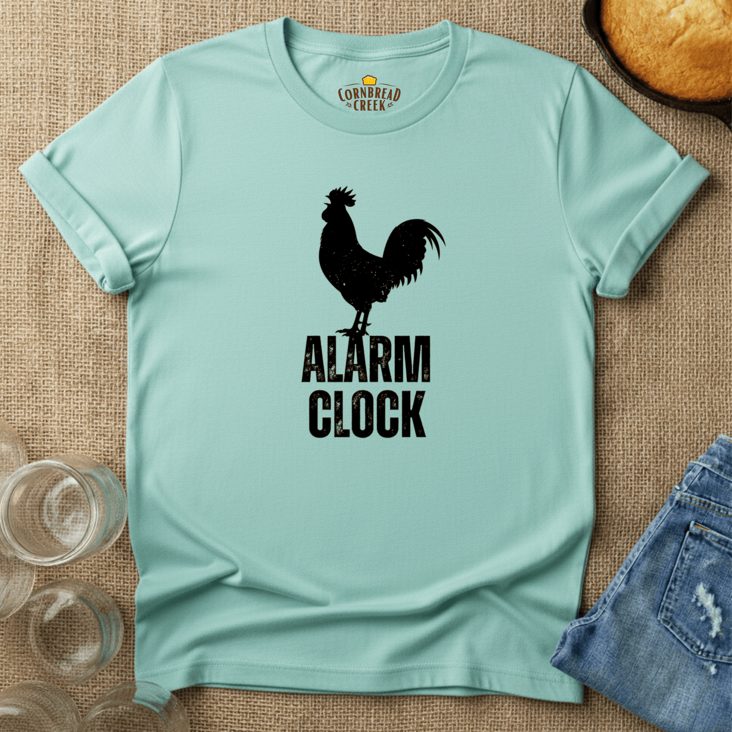 Alarm Clock Rooster T-Shirt Chicken and Rural Homestead Graphic tee Cornbread Creek