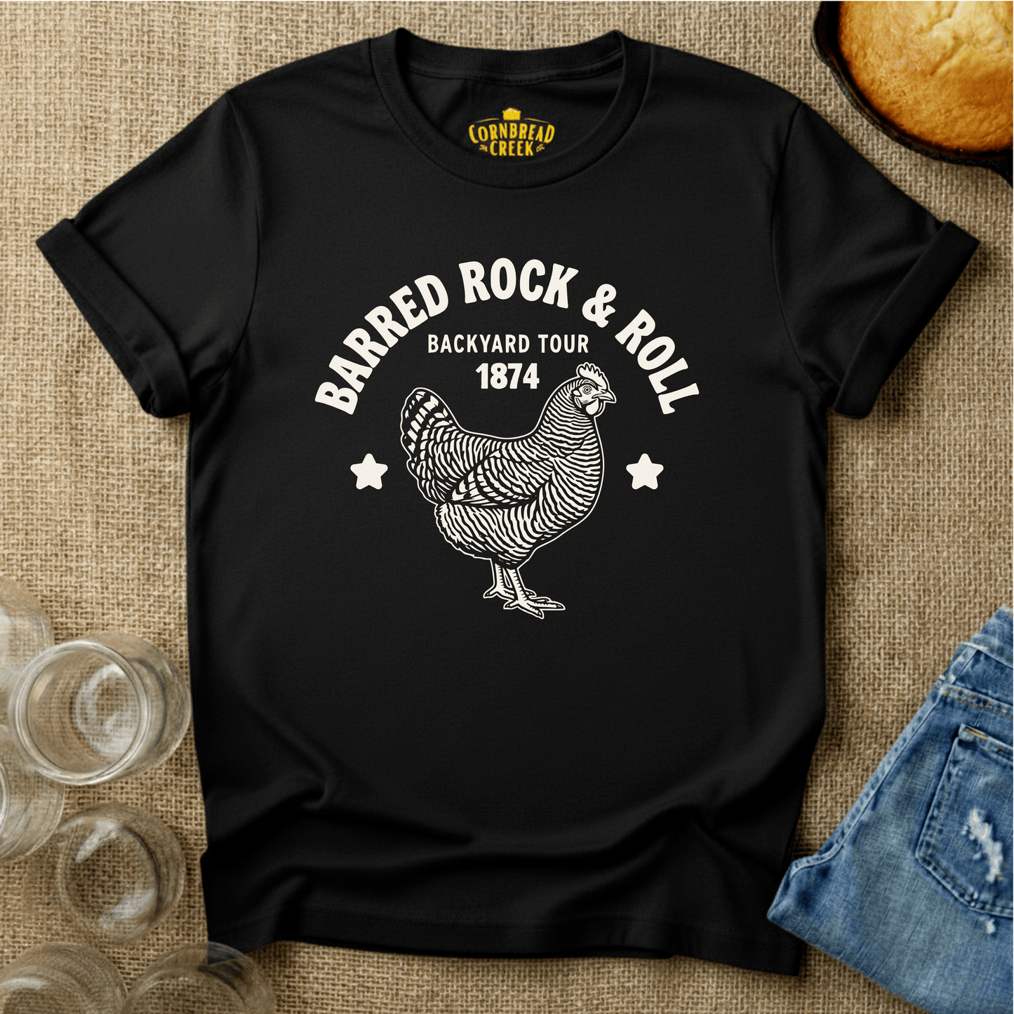 Barred Rock & Roll T-Shirt Chicken and Rural Homestead Graphic tee Cornbread Creek