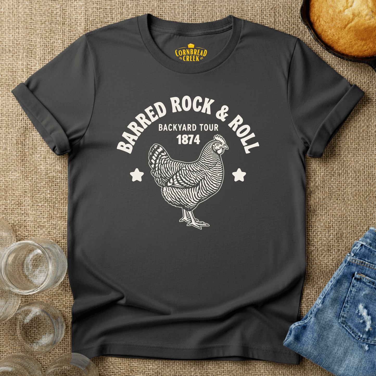 Barred Rock & Roll T-Shirt Chicken and Rural Homestead Graphic tee Cornbread Creek