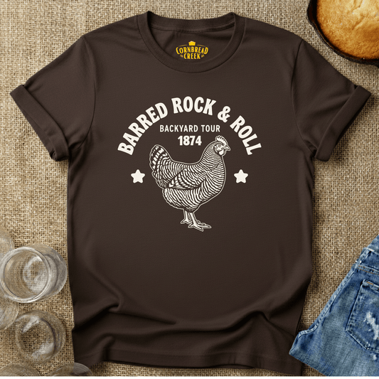 Barred Rock & Roll T-Shirt Chicken and Rural Homestead Graphic tee Cornbread Creek