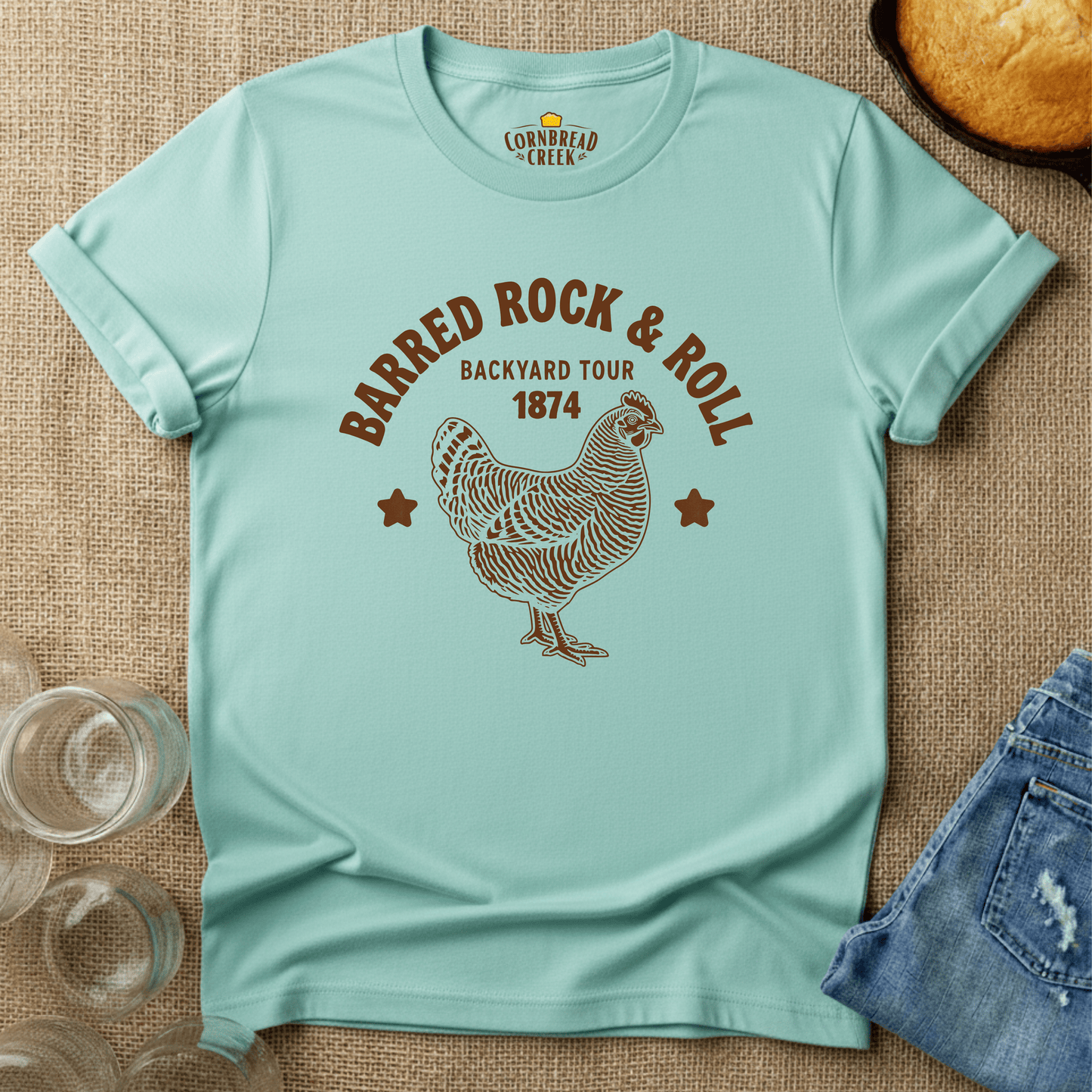 Barred Rock & Roll T-Shirt Chicken and Rural Homestead Graphic tee Cornbread Creek