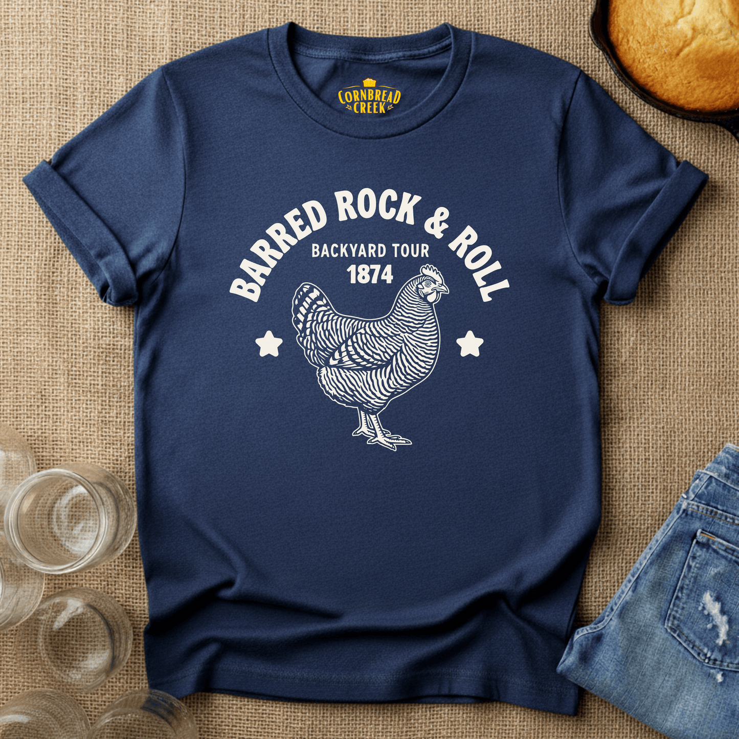 Barred Rock & Roll T-Shirt Chicken and Rural Homestead Graphic tee Cornbread Creek