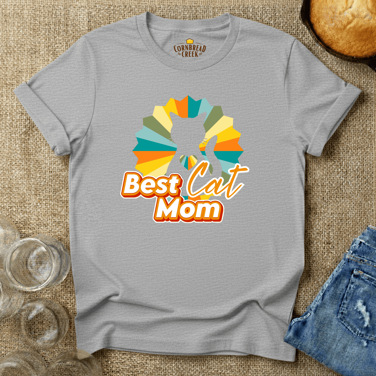 Best Cat Mom - Retro with Cat Silhouette T-Shirt Chicken and Rural Homestead Graphic tee Cornbread Creek