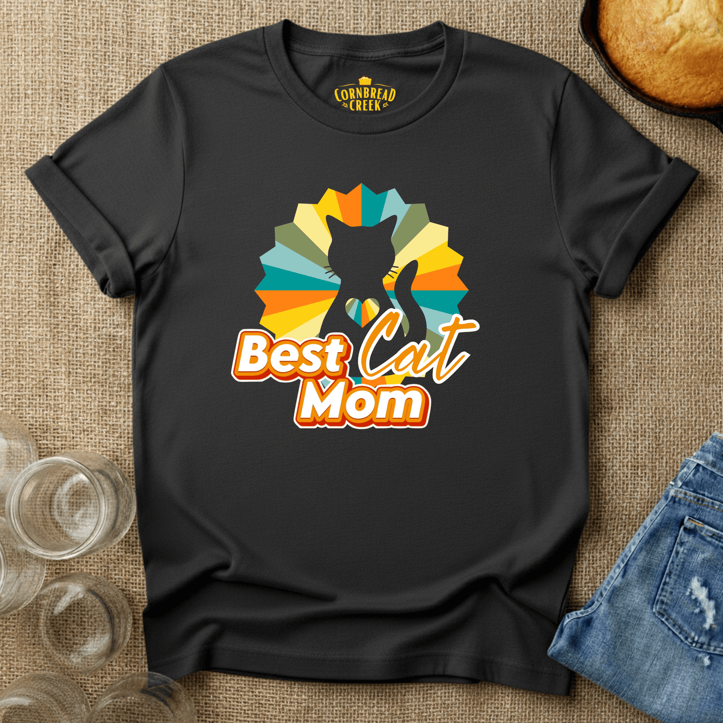 Best Cat Mom - Retro with Cat Silhouette T-Shirt Chicken and Rural Homestead Graphic tee Cornbread Creek