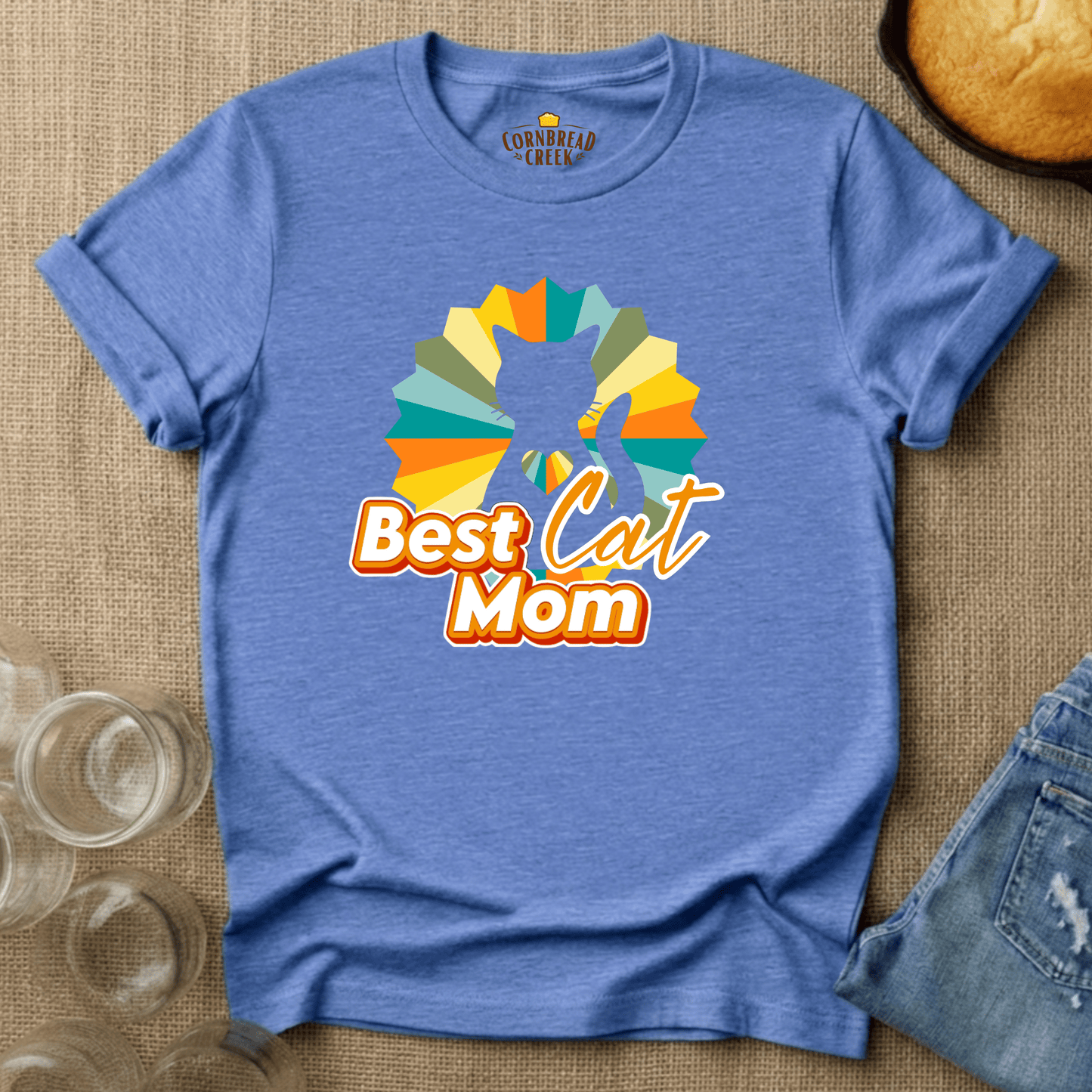 Best Cat Mom - Retro with Cat Silhouette T-Shirt Chicken and Rural Homestead Graphic tee Cornbread Creek