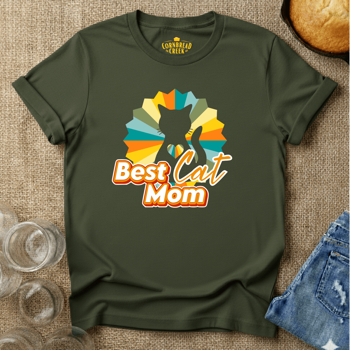 Best Cat Mom - Retro with Cat Silhouette T-Shirt Chicken and Rural Homestead Graphic tee Cornbread Creek