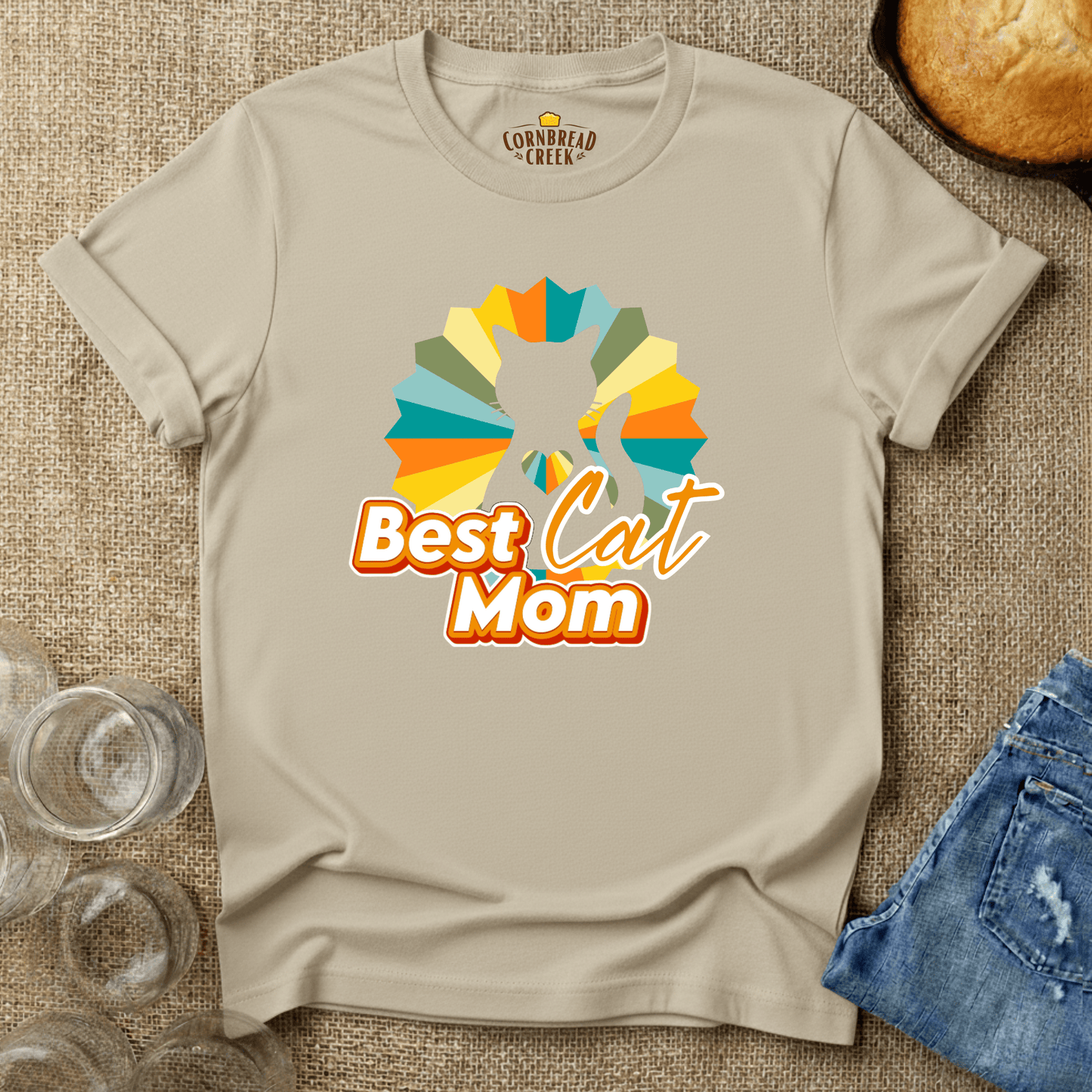 Best Cat Mom - Retro with Cat Silhouette T-Shirt Chicken and Rural Homestead Graphic tee Cornbread Creek