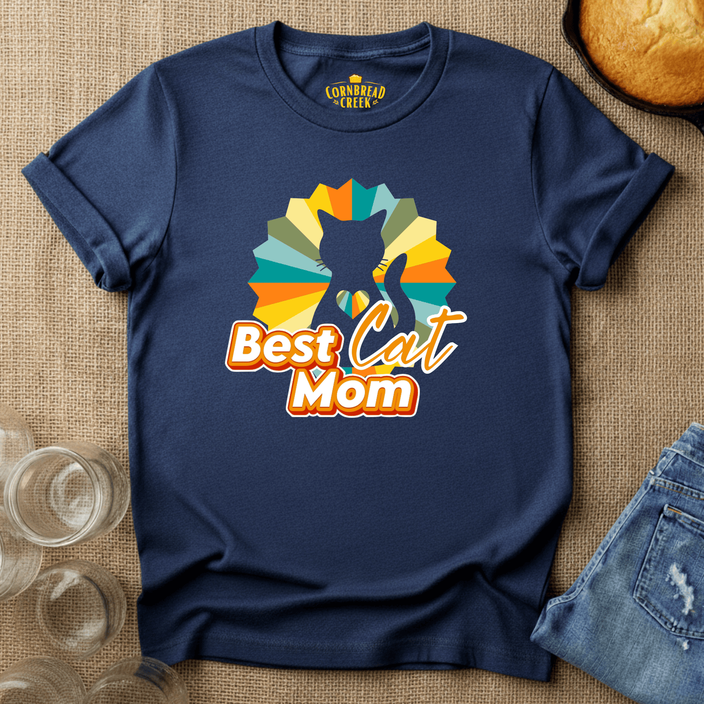 Best Cat Mom - Retro with Cat Silhouette T-Shirt Chicken and Rural Homestead Graphic tee Cornbread Creek