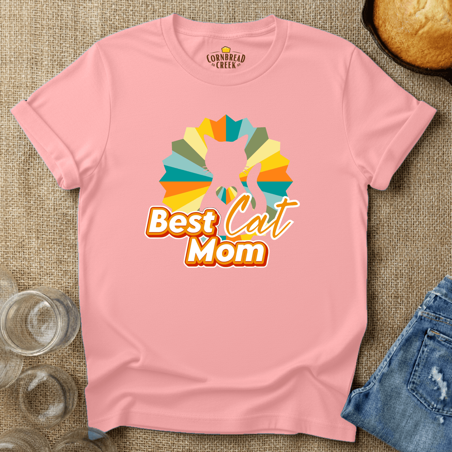 Best Cat Mom - Retro with Cat Silhouette T-Shirt Chicken and Rural Homestead Graphic tee Cornbread Creek