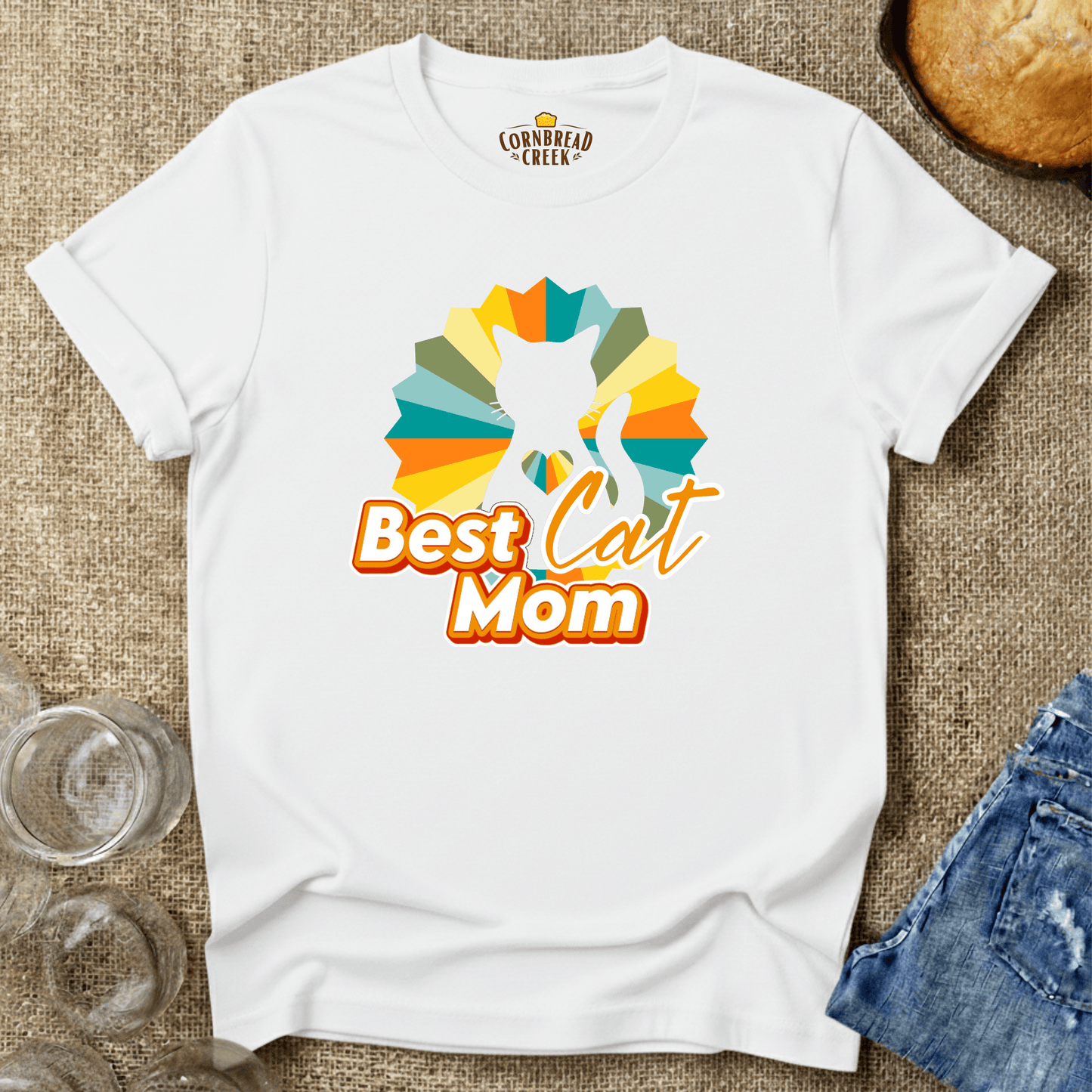 Best Cat Mom - Retro with Cat Silhouette T-Shirt Chicken and Rural Homestead Graphic tee Cornbread Creek