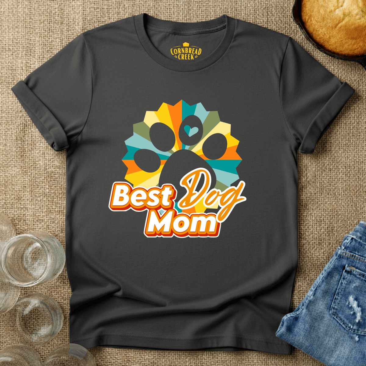 Best Dog Mom - Retro with Paw T-Shirt Chicken and Rural Homestead Graphic tee Cornbread Creek