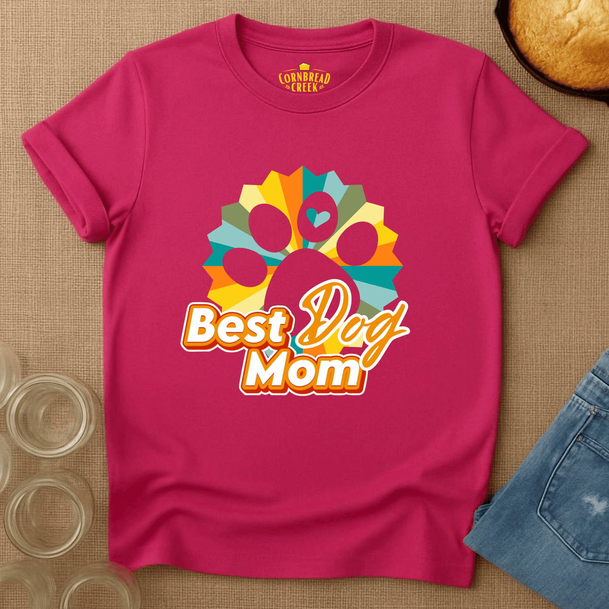 Best Dog Mom - Retro with Paw T-Shirt Chicken and Rural Homestead Graphic tee Cornbread Creek