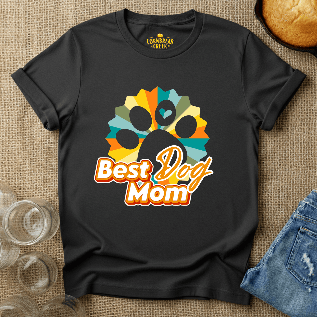 Best Dog Mom - Retro with Paw T-Shirt Chicken and Rural Homestead Graphic tee Cornbread Creek