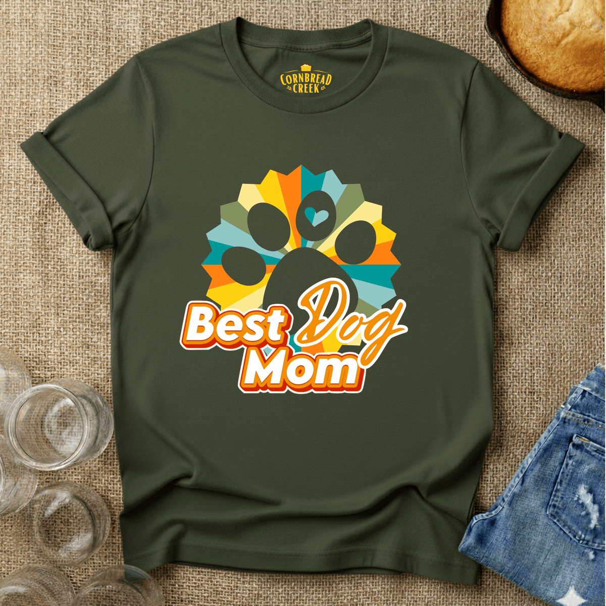 Best Dog Mom - Retro with Paw T-Shirt Chicken and Rural Homestead Graphic tee Cornbread Creek