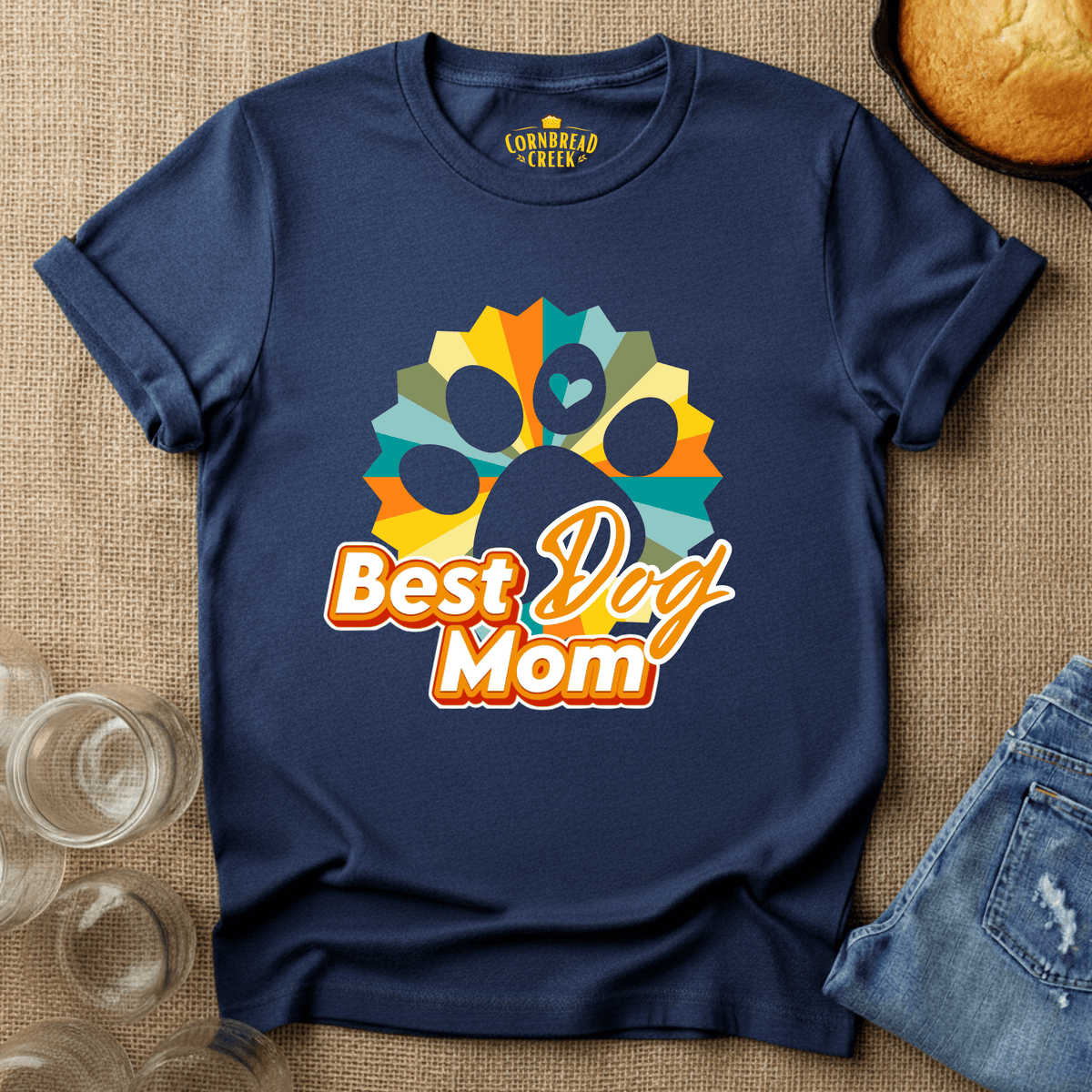 Best Dog Mom - Retro with Paw T-Shirt Chicken and Rural Homestead Graphic tee Cornbread Creek