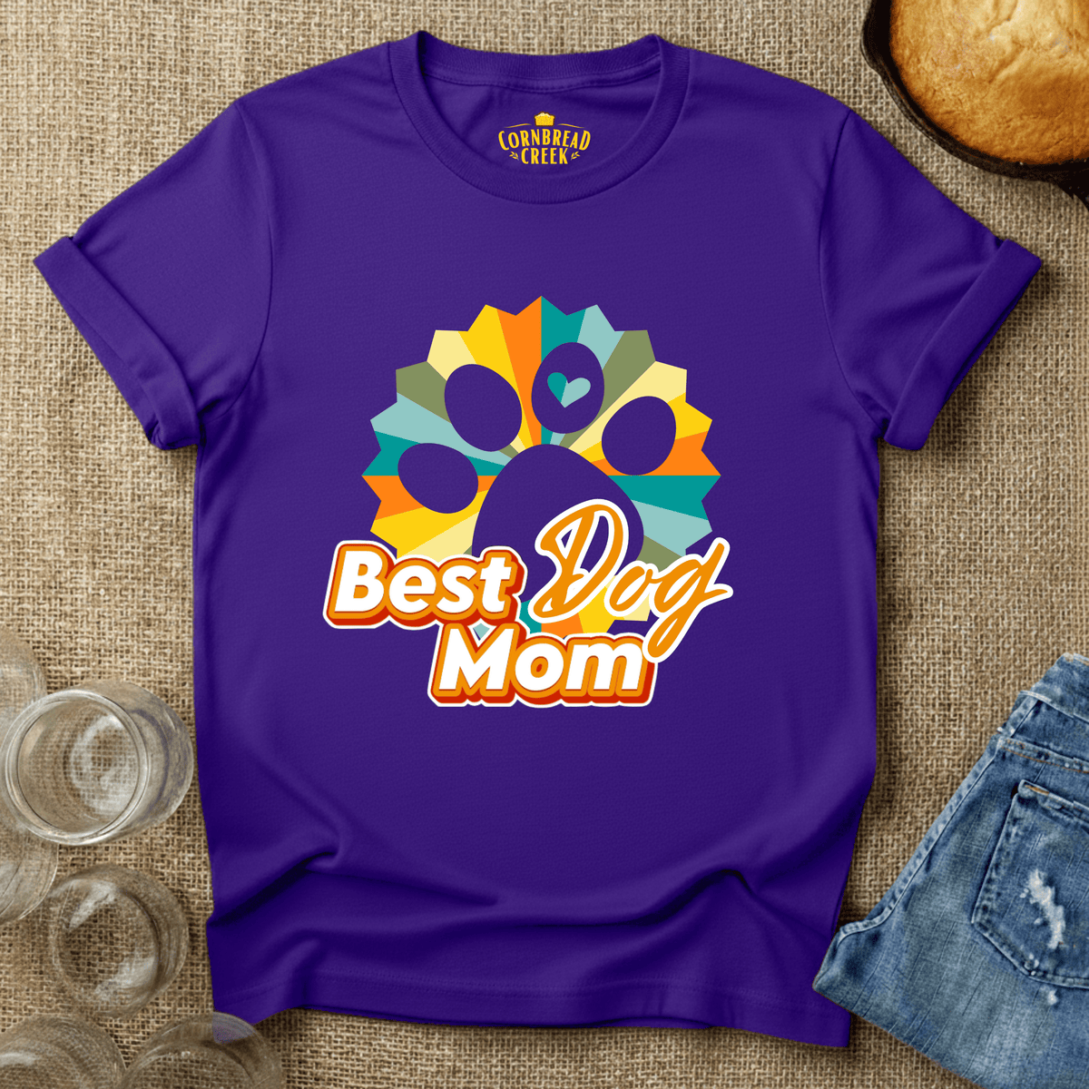 Best Dog Mom - Retro with Paw T-Shirt Chicken and Rural Homestead Graphic tee Cornbread Creek