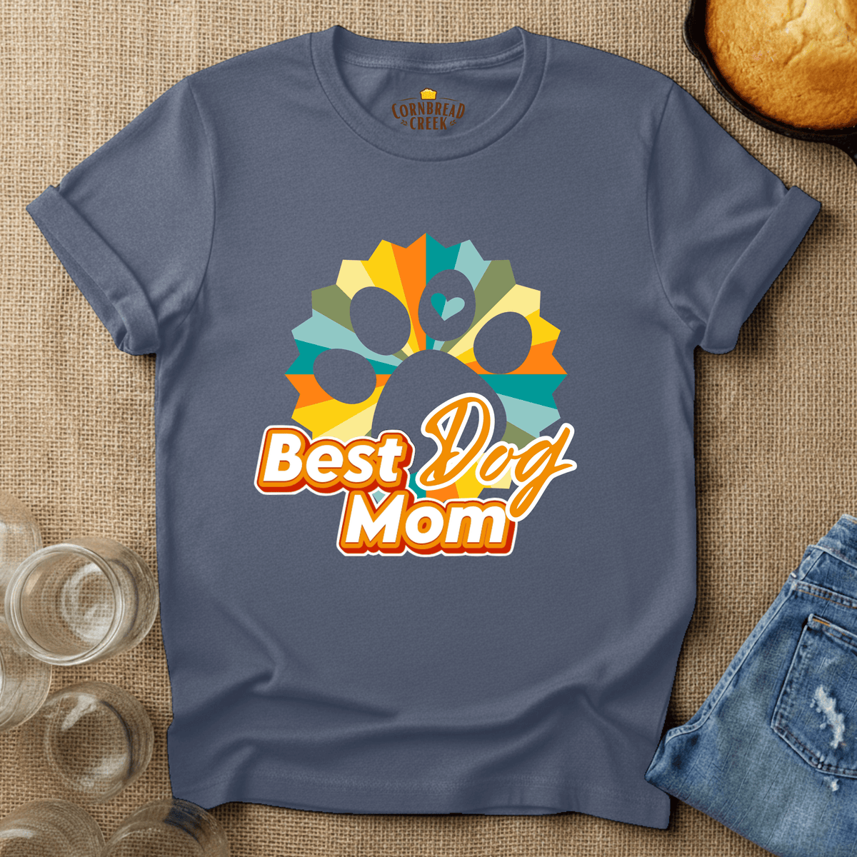 Best Dog Mom - Retro with Paw T-Shirt Chicken and Rural Homestead Graphic tee Cornbread Creek
