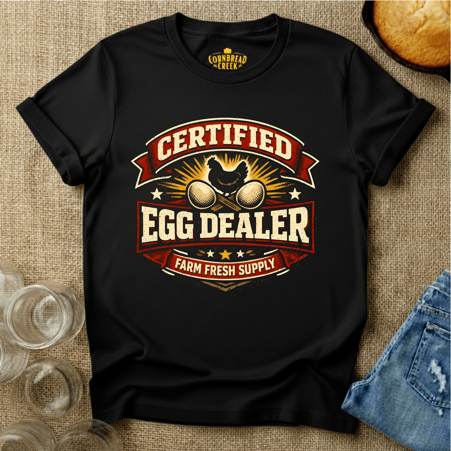 Certified Egg Dealer... farm fresh! T-Shirt Chicken and Rural Homestead Graphic tee Cornbread Creek