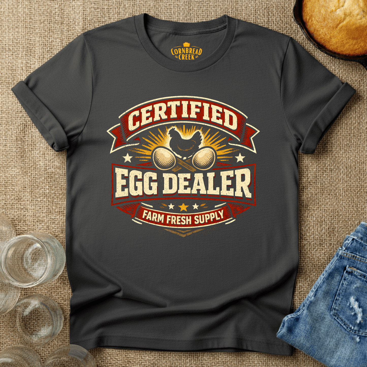 Certified Egg Dealer... farm fresh! T-Shirt Chicken and Rural Homestead Graphic tee Cornbread Creek
