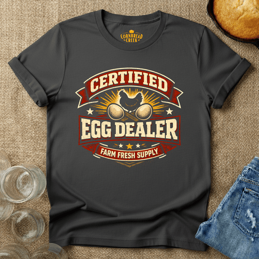 Certified Egg Dealer... farm fresh! T-Shirt Chicken and Rural Homestead Graphic tee Cornbread Creek
