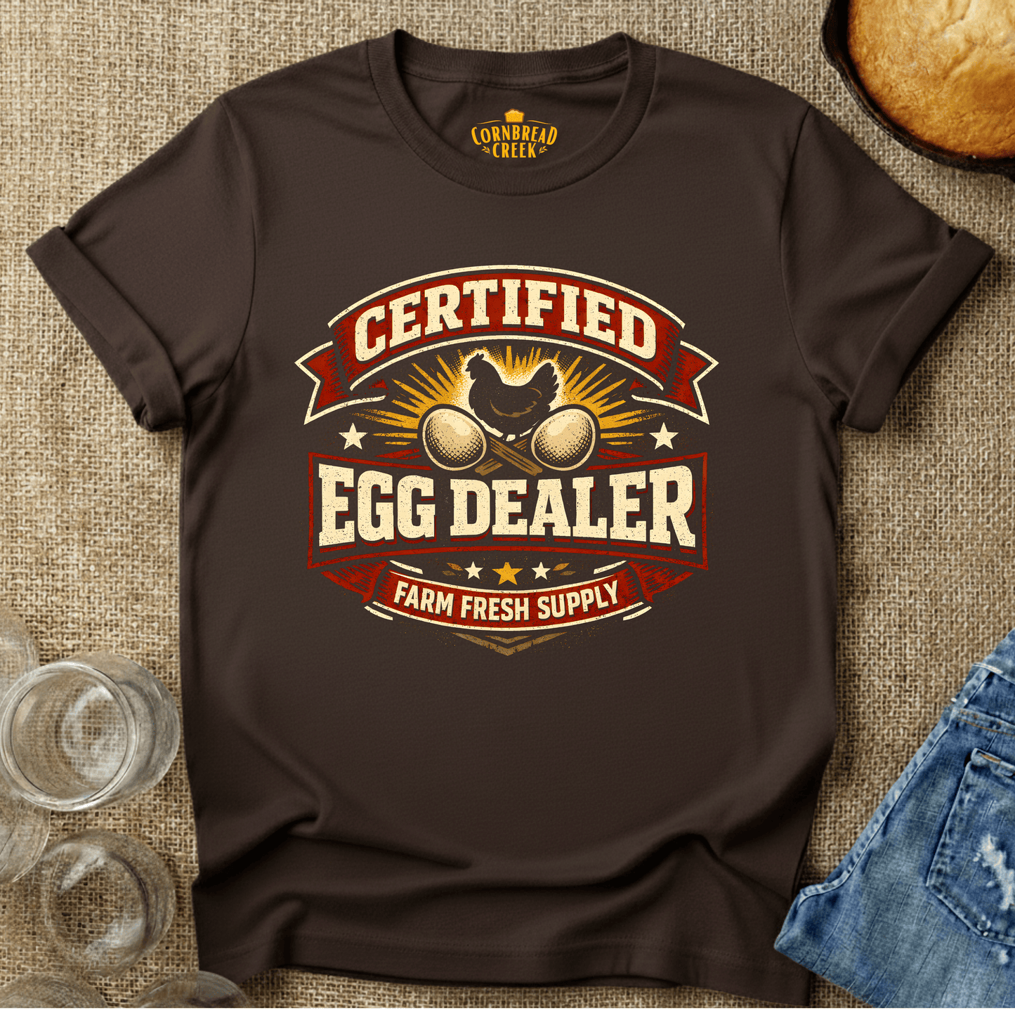 Certified Egg Dealer... farm fresh! T-Shirt Chicken and Rural Homestead Graphic tee Cornbread Creek