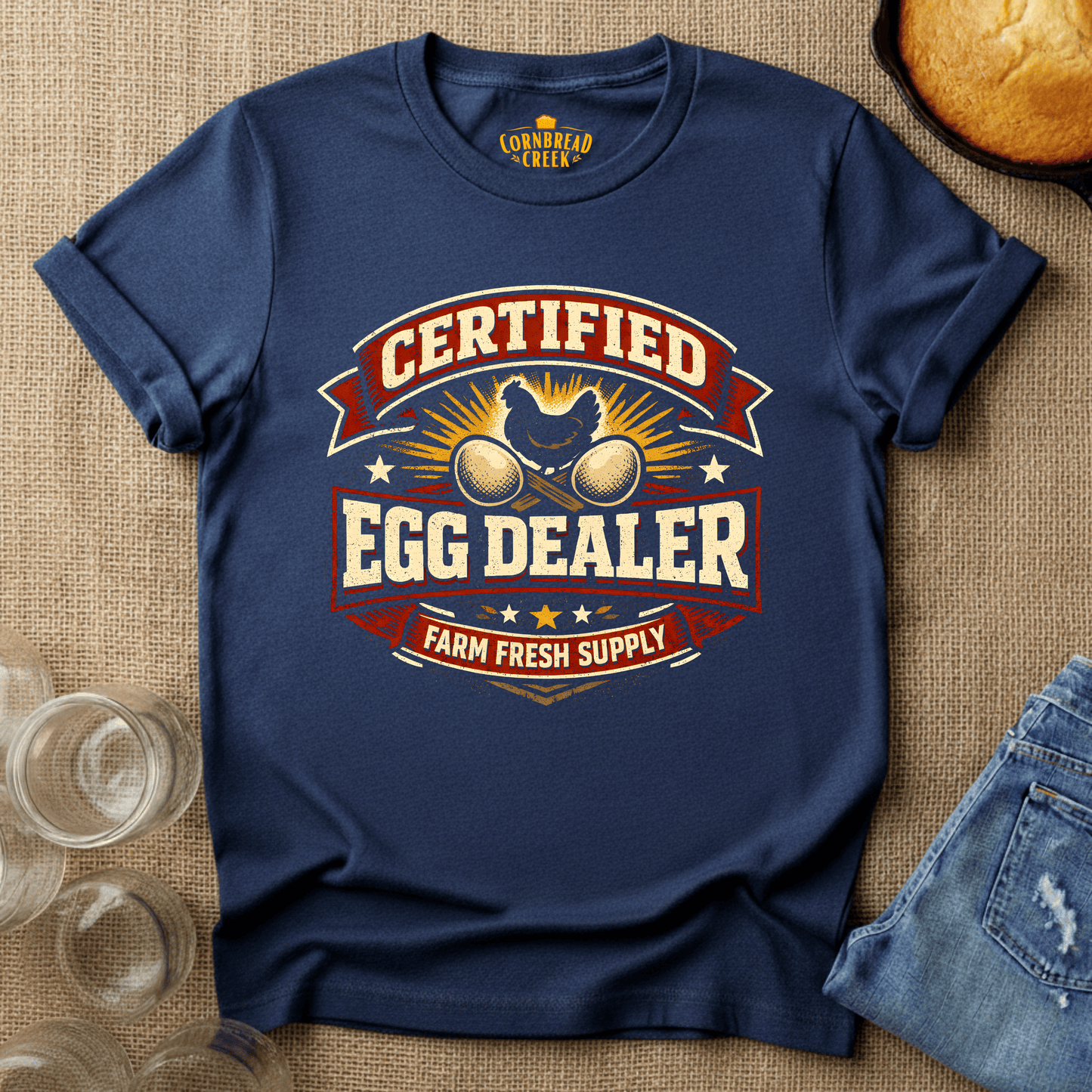 Certified Egg Dealer... farm fresh! T-Shirt Chicken and Rural Homestead Graphic tee Cornbread Creek