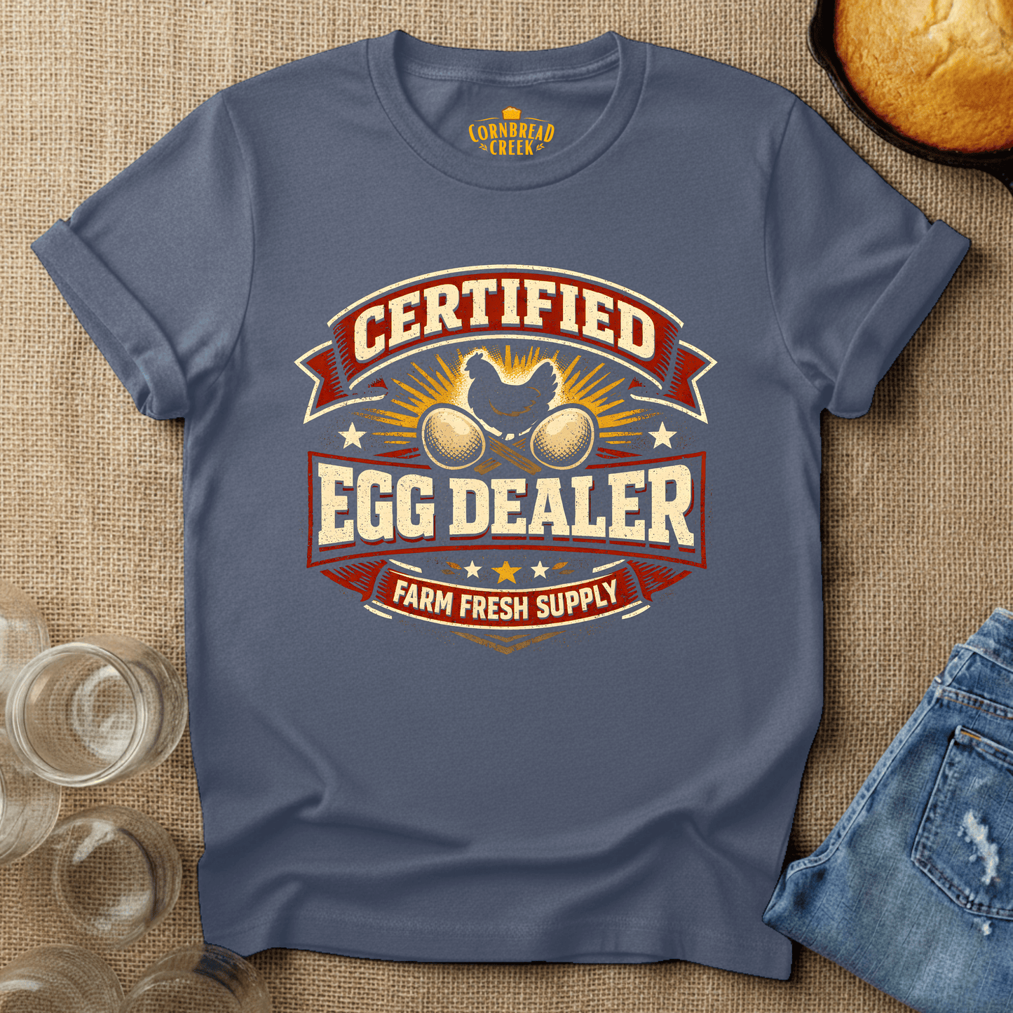 Certified Egg Dealer... farm fresh! T-Shirt Chicken and Rural Homestead Graphic tee Cornbread Creek
