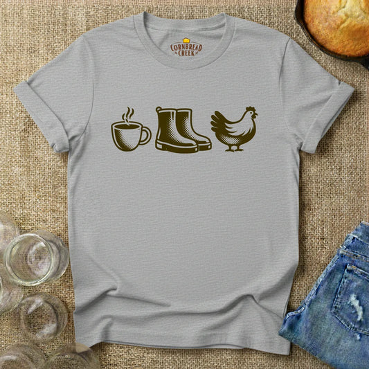 Coffee, Boots, Chickens T-Shirt Chicken and Rural Homestead Graphic tee Cornbread Creek