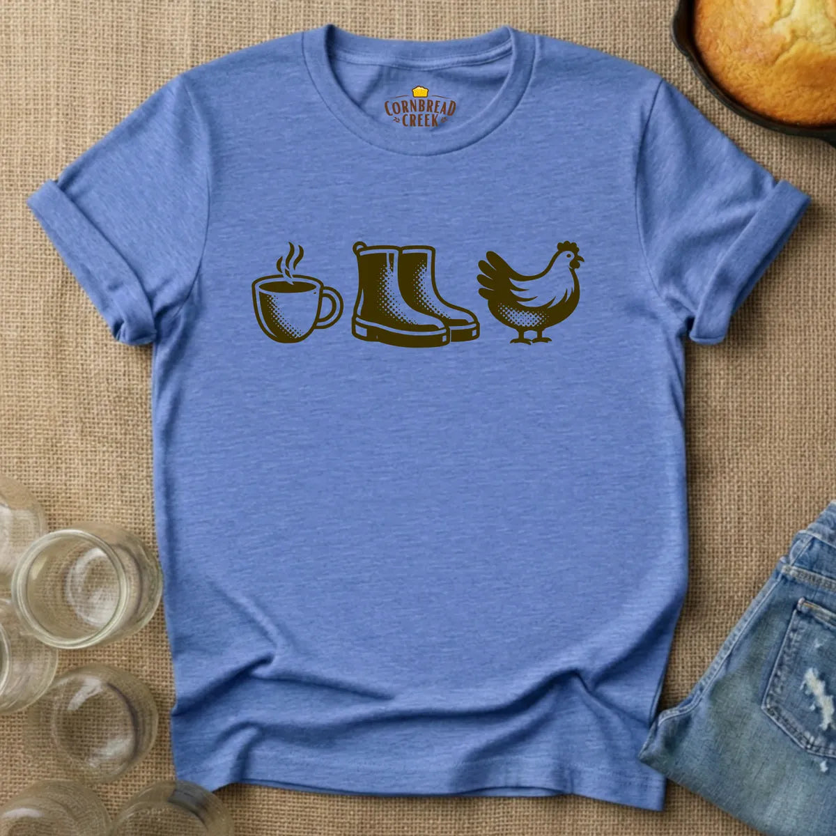 Coffee, Boots, Chickens T-Shirt Chicken and Rural Homestead Graphic tee Cornbread Creek