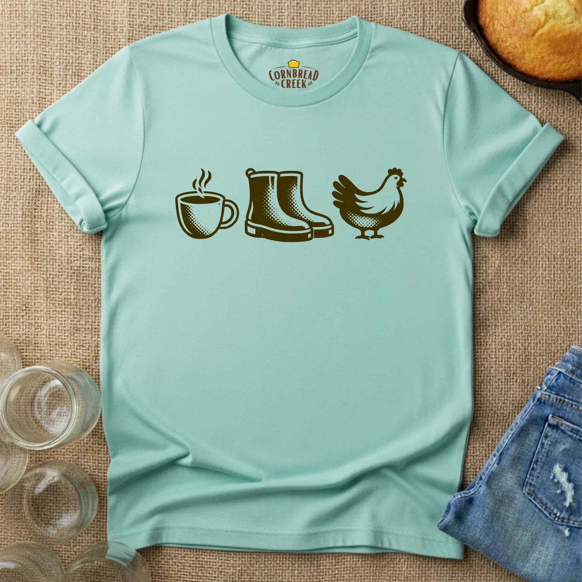 Coffee, Boots, Chickens T-Shirt Chicken and Rural Homestead Graphic tee Cornbread Creek